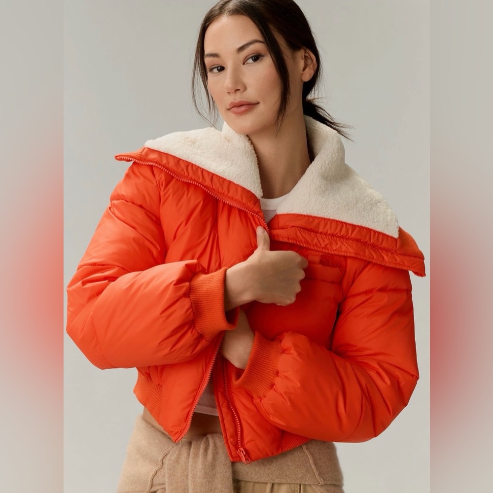 Cropped Orange Puffer Jacket with Sherpa Collar